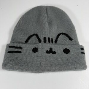 CultureFly Cute Cat Face Hat Beanie Fitted One Size Gray Knit Cuffed Mens
